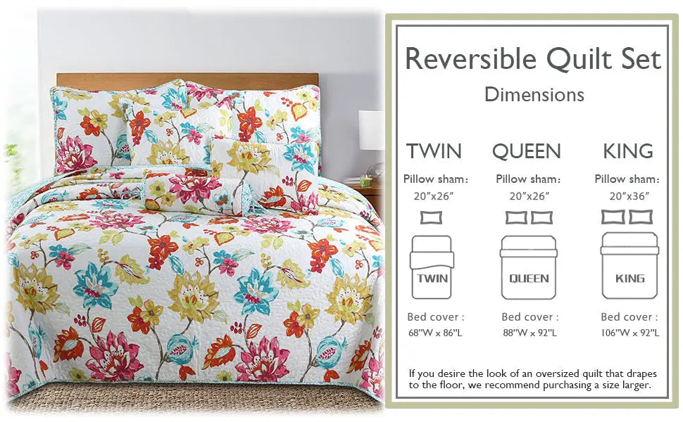 Quilt sizes. Tropical floral reversible quilt bedding set with colorful anemone garden print and matching shams for farmhouse, cottage, and coastal bedrooms.