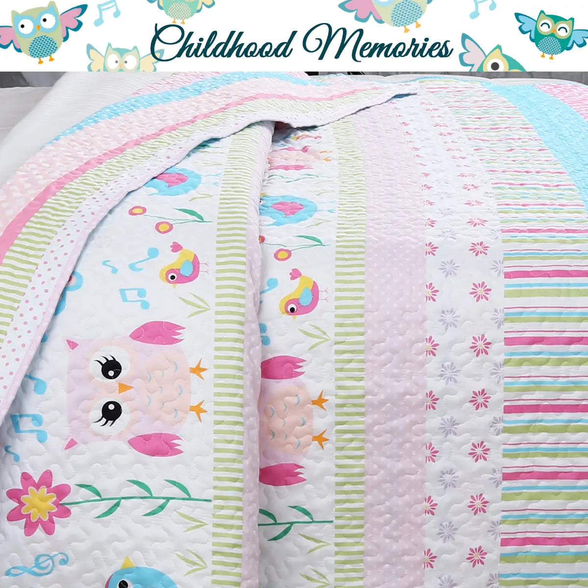 Home Sweet pink owl print reversible quilt bedding set with colorful striped design and coordinating decorative pillows for a girl's bedroom.0