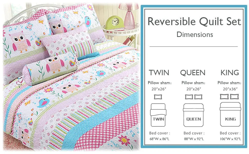 size dimensions Home Sweet pink owl print reversible quilt bedding set with colorful striped design and coordinating decorative pillows for a girl's bedroom.