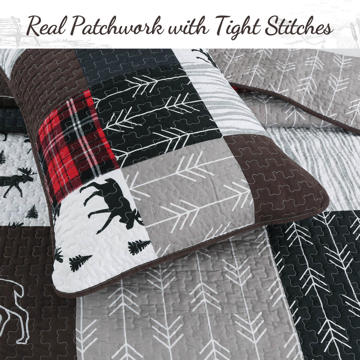 A quilted patchwork pillow with tight stitches, featuring a mix of brown, black, white, and red plaid sections with deer and tree silhouettes, shown on top of a matching patchwork quilt. Text at the top reads 'Real Patchwork with Tight Stitches'.