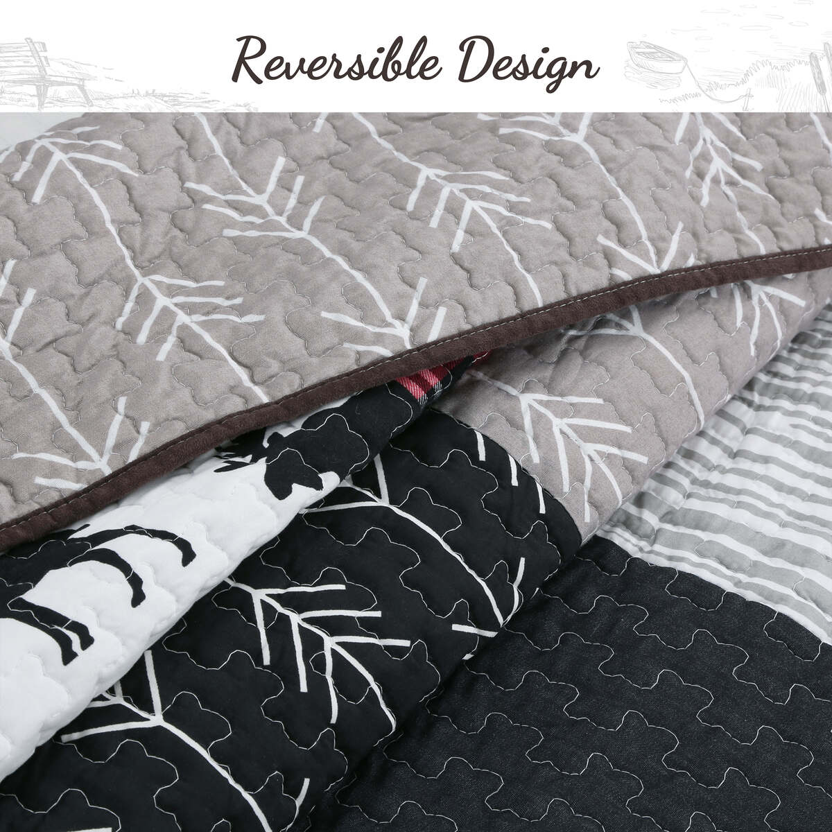 A quilted reversible blanket or comforter shown folded to display both sides. The top side is light gray with a white leaf branch pattern and a dark brown stitched edge.