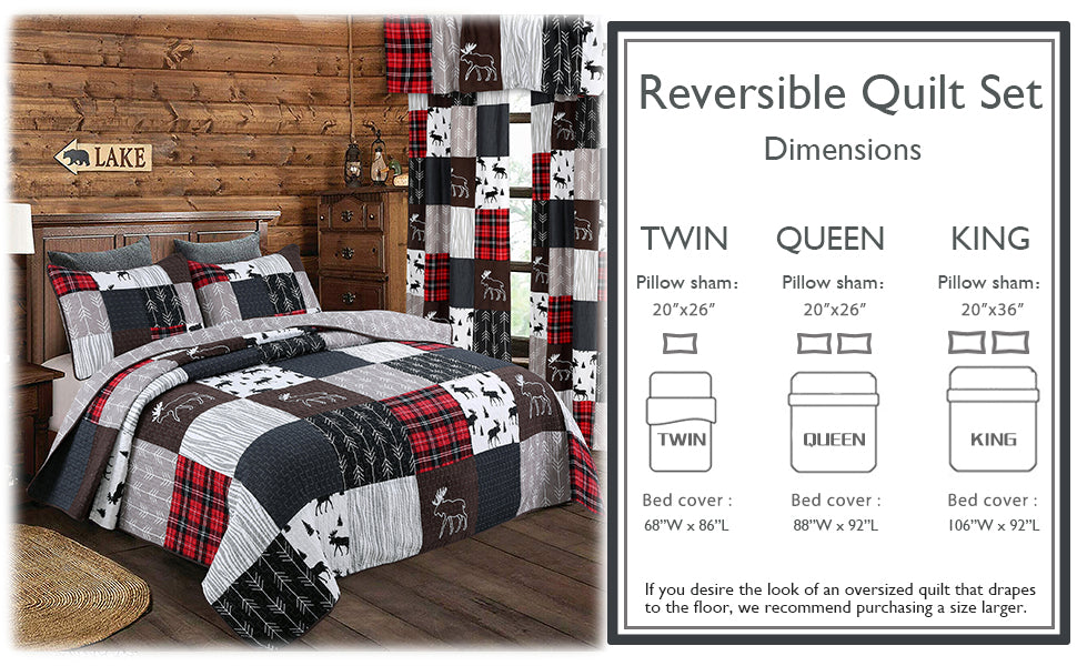 A rustic patchwork reversible quilt set displayed on a bed in a cabin-style bedroom, alongside a size chart graphic showing dimensions for Twin, Queen, and King bed sizes.