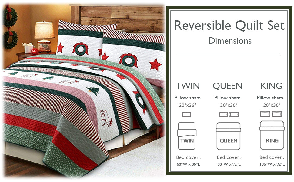 Reversible quilt set with dimensions displayed on a bed in a bedroom setting.