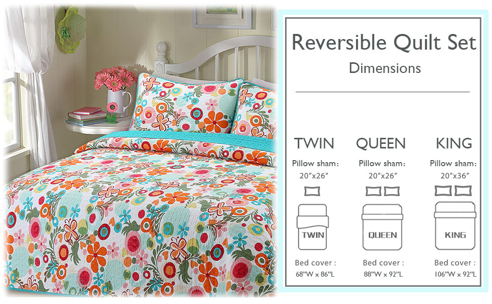 A colorful floral reversible quilt set displayed on a bed, with a pillowcase and a dimension chart panel showing measurements for Twin, Queen, and King sizes.