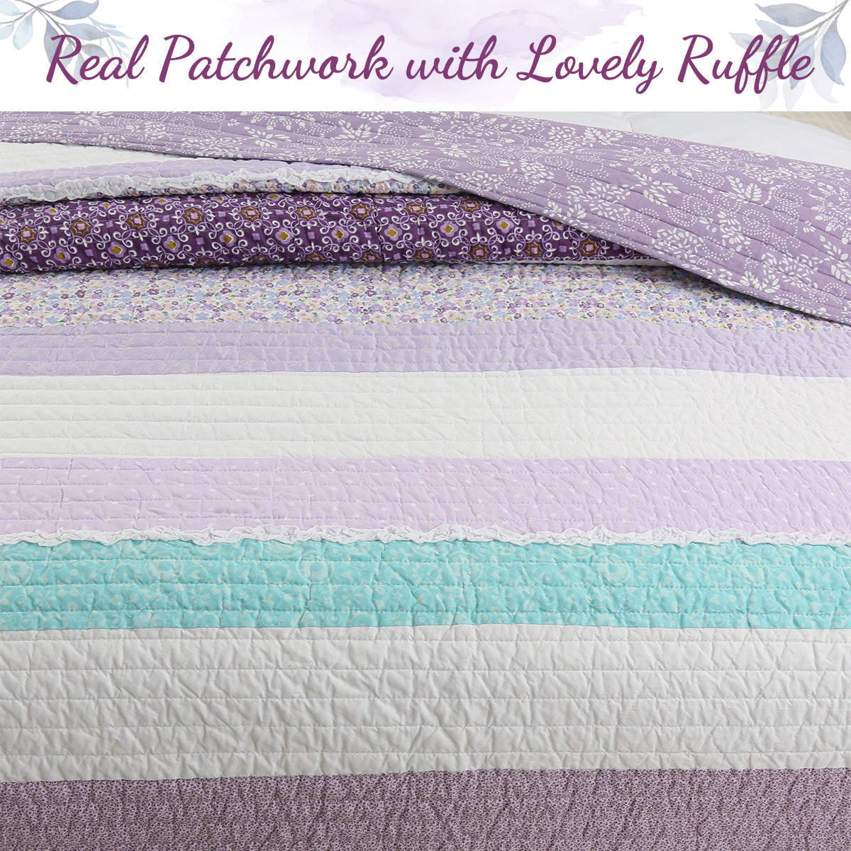 A quilted patchwork blanket or comforter with horizontal stripes in lavender, white, and aqua, with a folded section showing floral and patterned fabric layers. Text at the top reads 'Real Patchwork with Lovely Ruffle'.