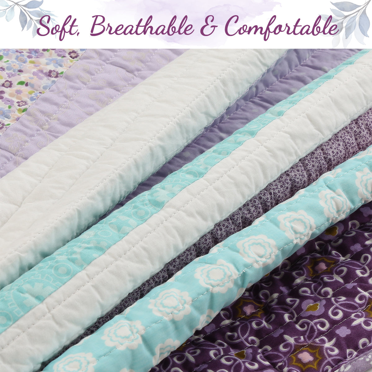A close-up of a quilted textile with layered diagonal panels in lavender, white, aqua, and purple floral patterns, with the text 'Soft, Breathable & Comfortable' across the top.