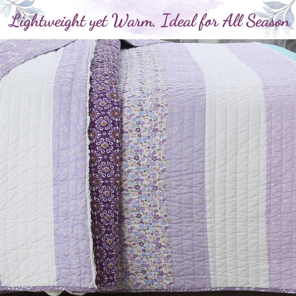 A quilted blanket or comforter in pastel lavender, white, and floral purple patterns, shown folded to display its layered design. A purple text banner at the top reads 'Lightweight yet Warm, Ideal for All Season'.