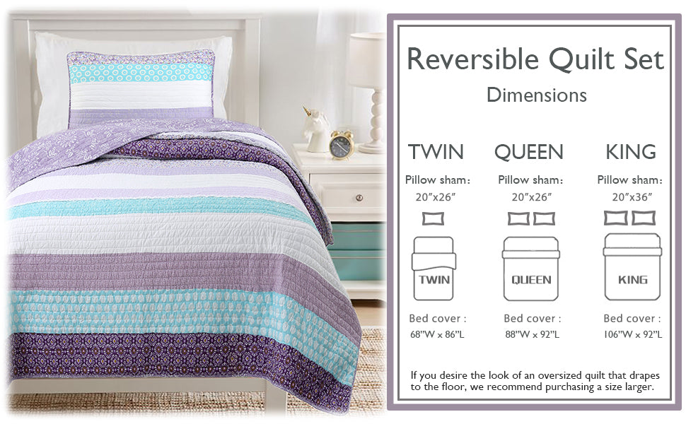 Reversible quilt set with dimensions displayed on a white background