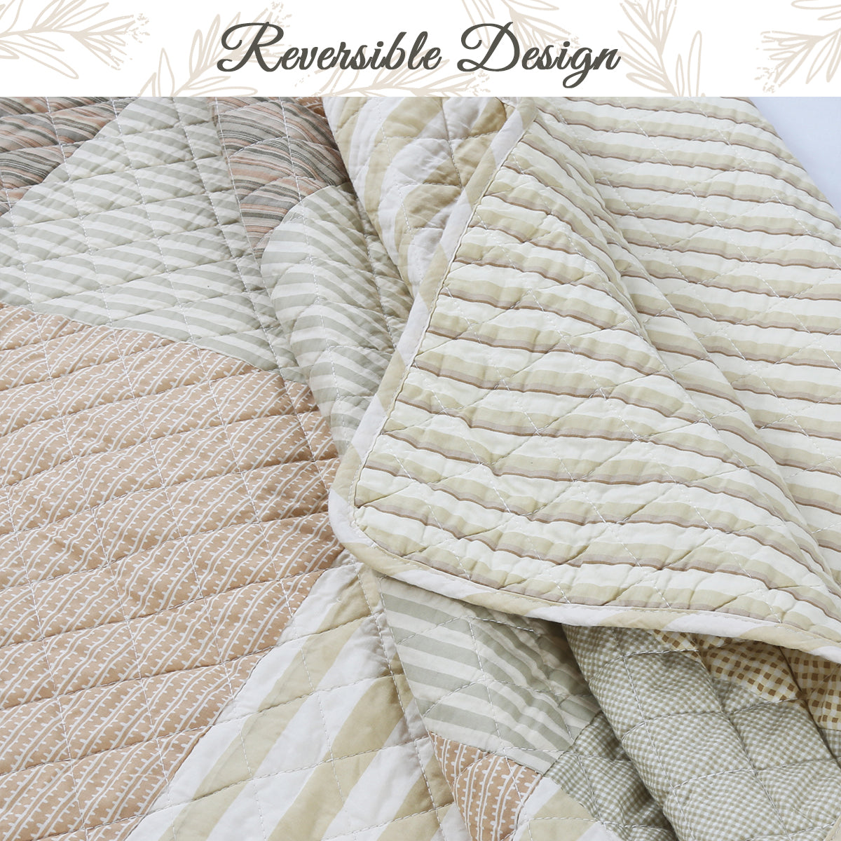 A close-up of a quilted reversible quilt in soft neutral tones, showing multiple stitched patterns including stripes, checks, and diamond quilting. A banner at the top reads 'Reversible Design' with a botanical motif.