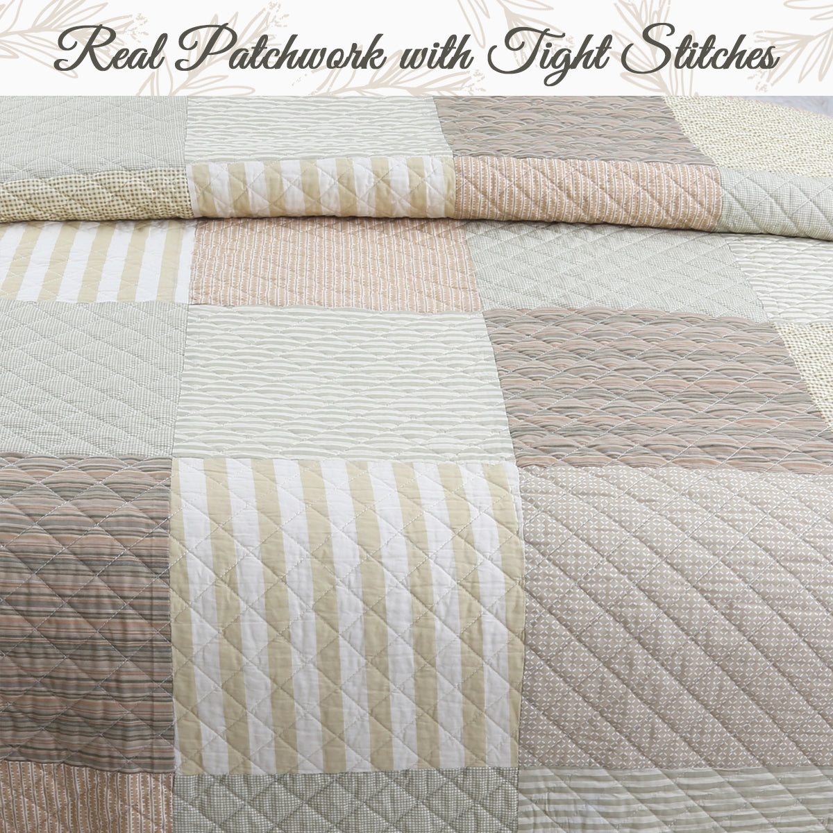 Patchwork quilt with tight stitches in neutral colors