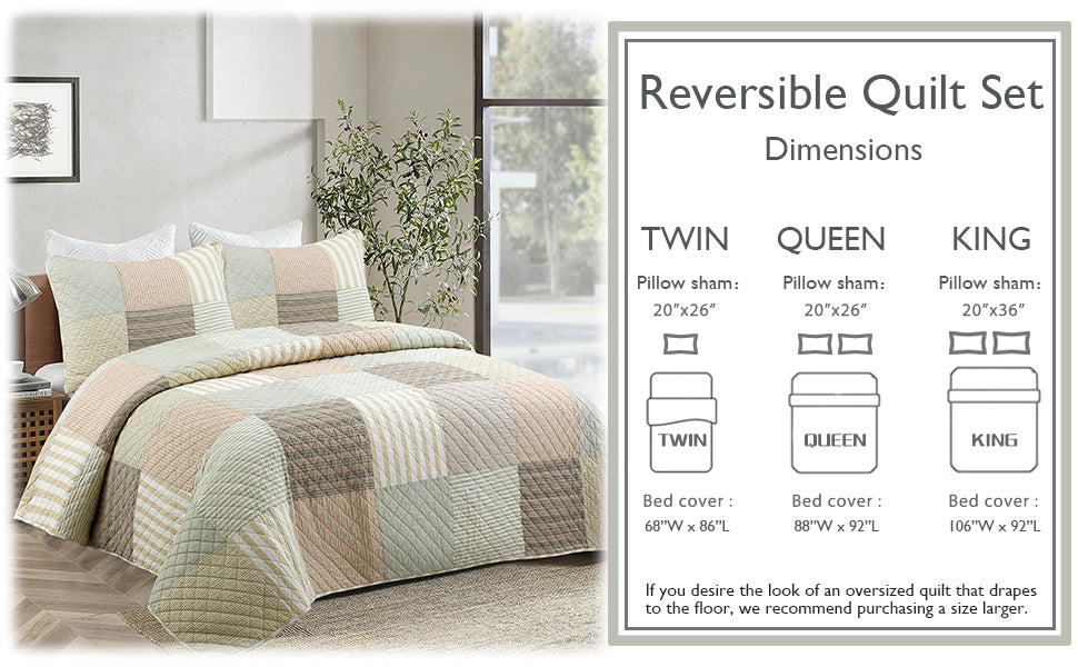 Reversible quilt set with dimensions displayed on a bedroom setting