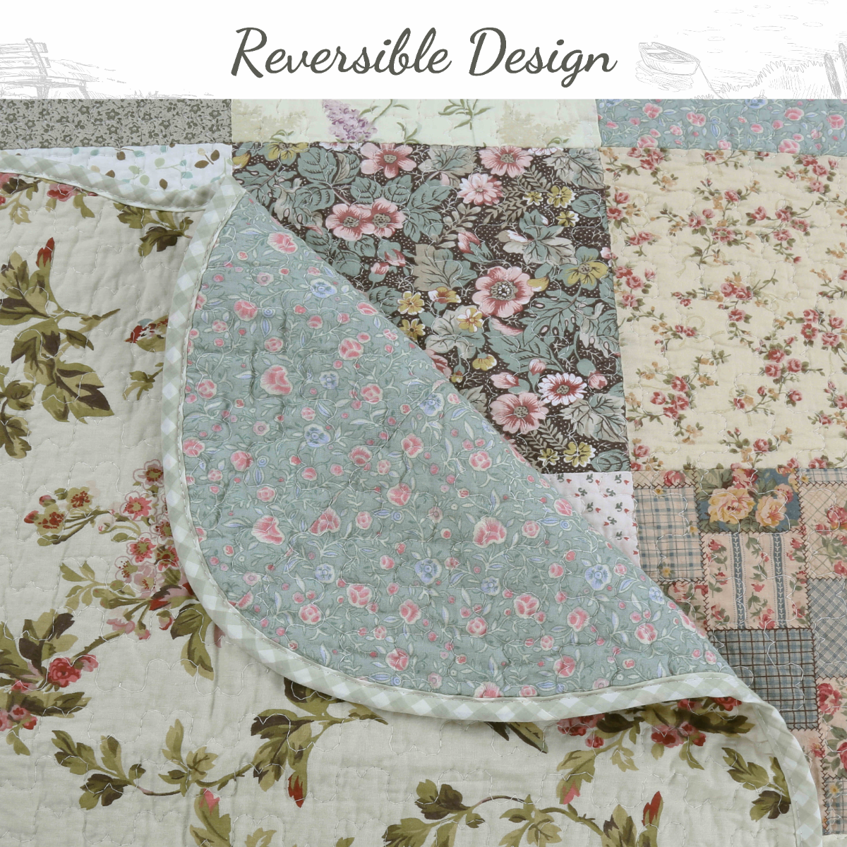 A quilted reversible blanket or throw shown in a close-up flat lay, with one half folded back to reveal the reverse side. The front features a floral patchwork design in muted tones, and the reverse side has a light blue floral print with a scalloped edge.