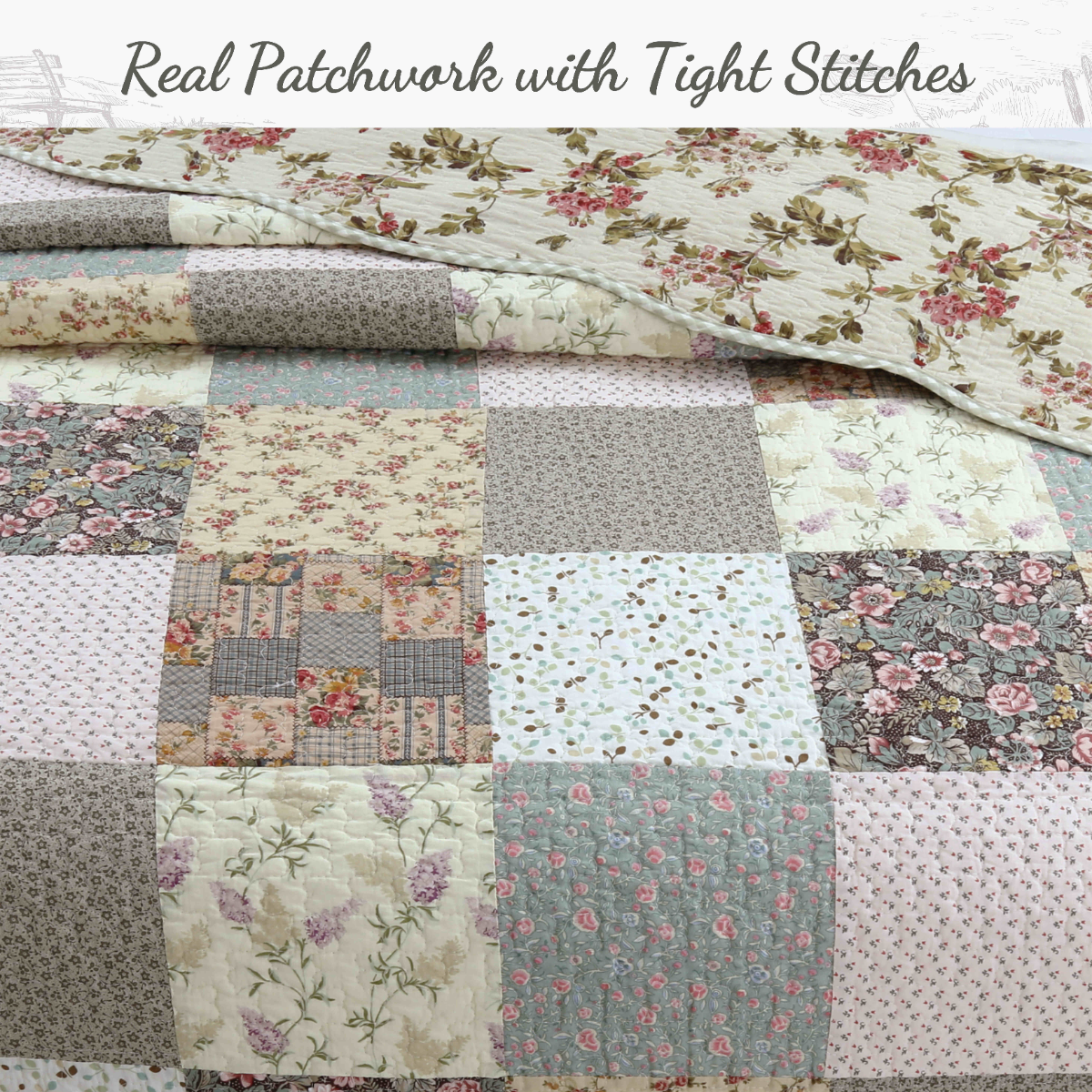 Patchwork quilt with floral patterns and 'Real Patchwork with Tight Stitches' text.