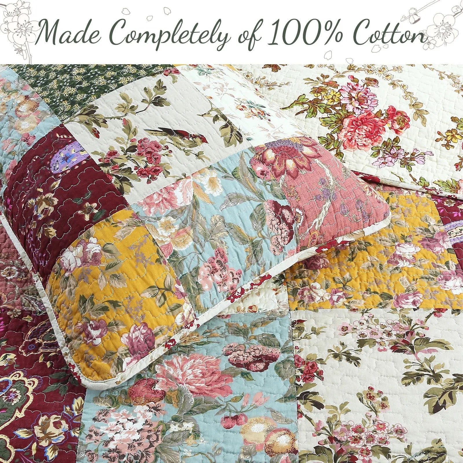 Country vintage farmhouse floral paisley patchwork reversible 100% cotton quilt bedding set with matching shams.