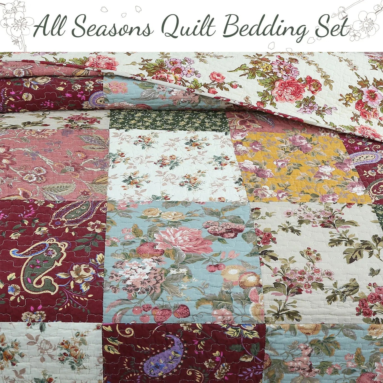 Country vintage farmhouse floral paisley patchwork reversible 100% cotton quilt bedding set with matching shams.