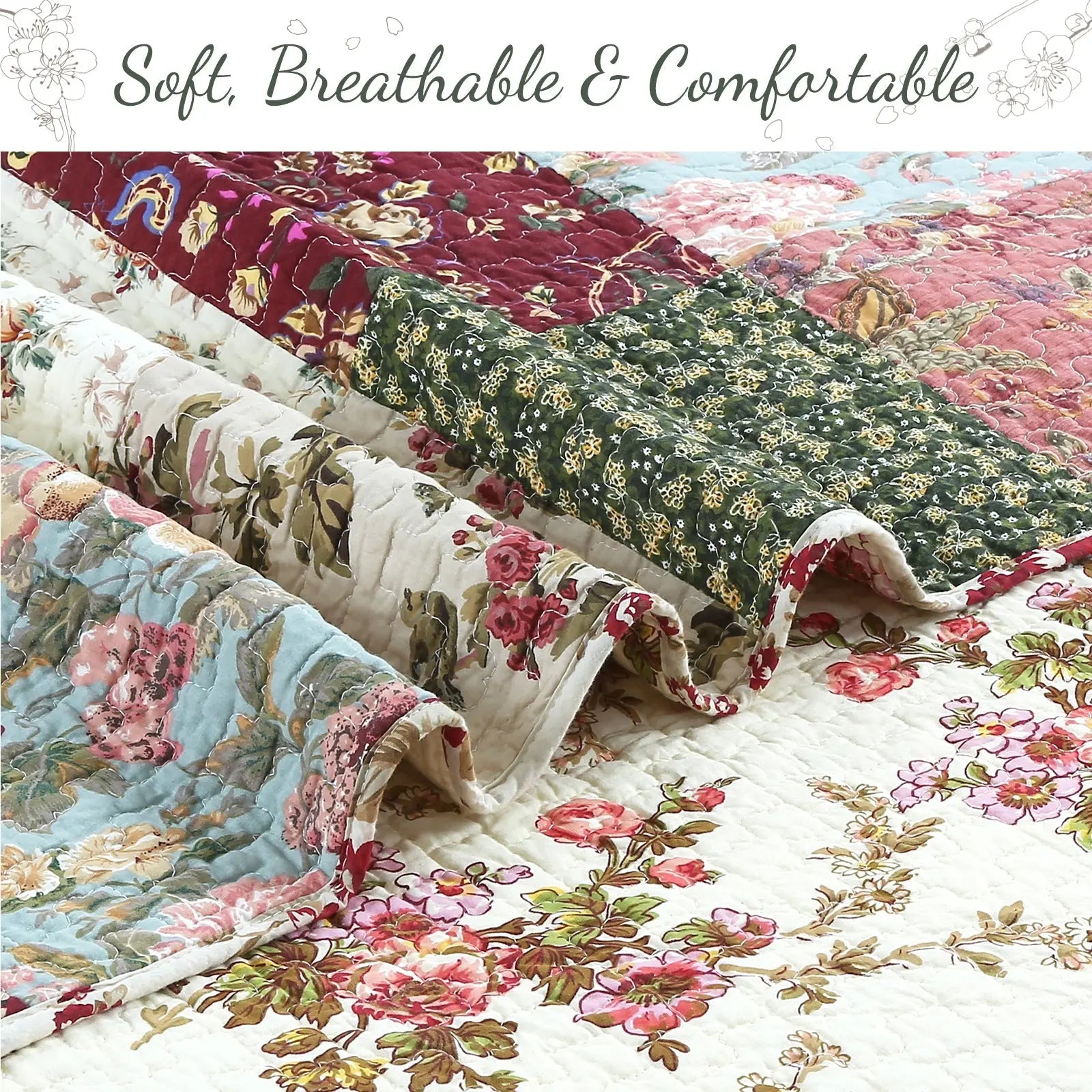 Country vintage farmhouse floral paisley patchwork reversible 100% cotton quilt bedding set with matching shams.