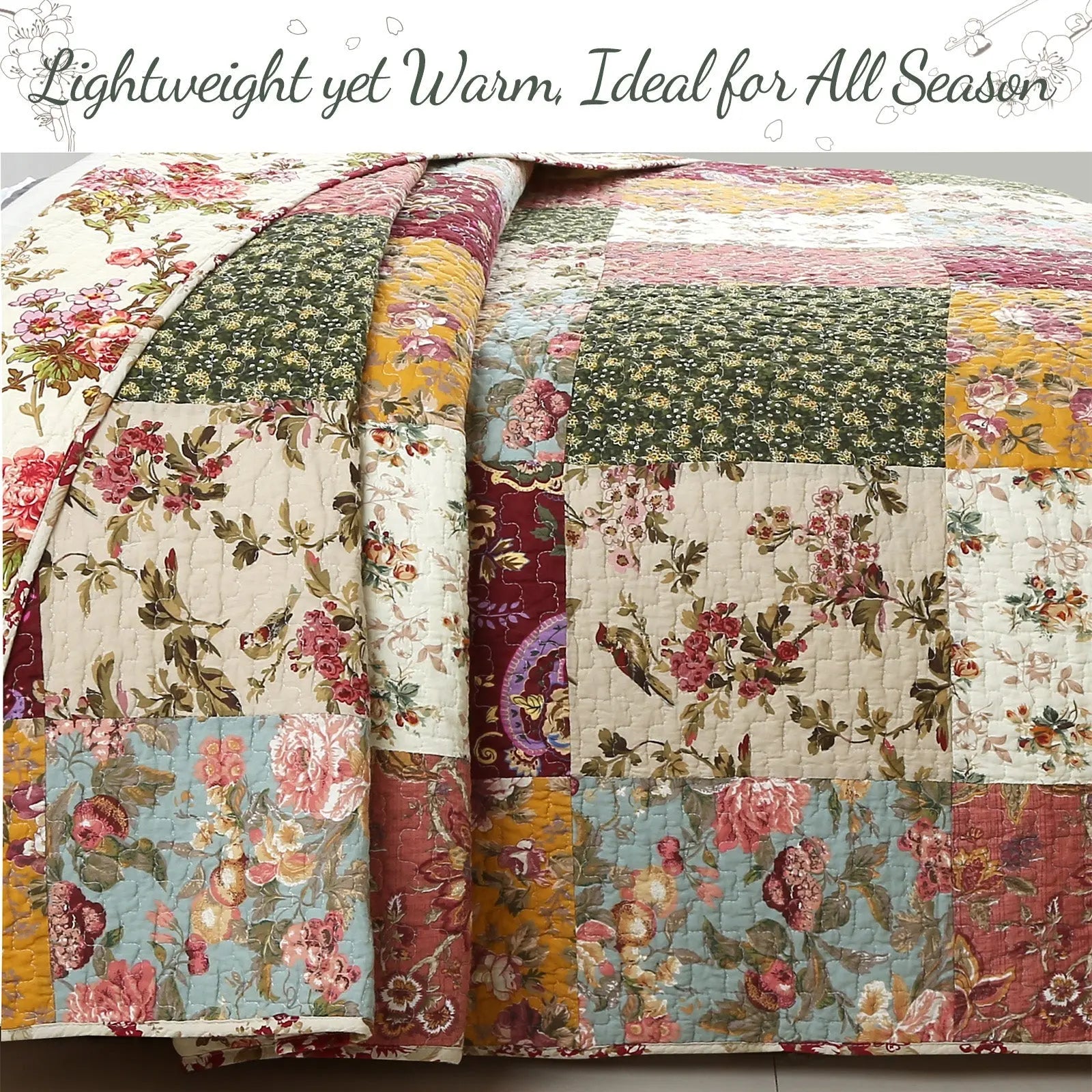 Country vintage farmhouse floral paisley patchwork reversible 100% cotton quilt bedding set with matching shams.