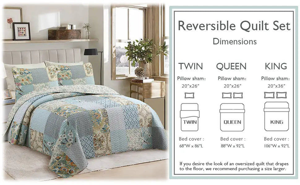 Quilt Sizes. Sky blue floral patchwork reversible 100% cotton quilt bedding set with matching shams for farmhouse and cottage bedrooms.