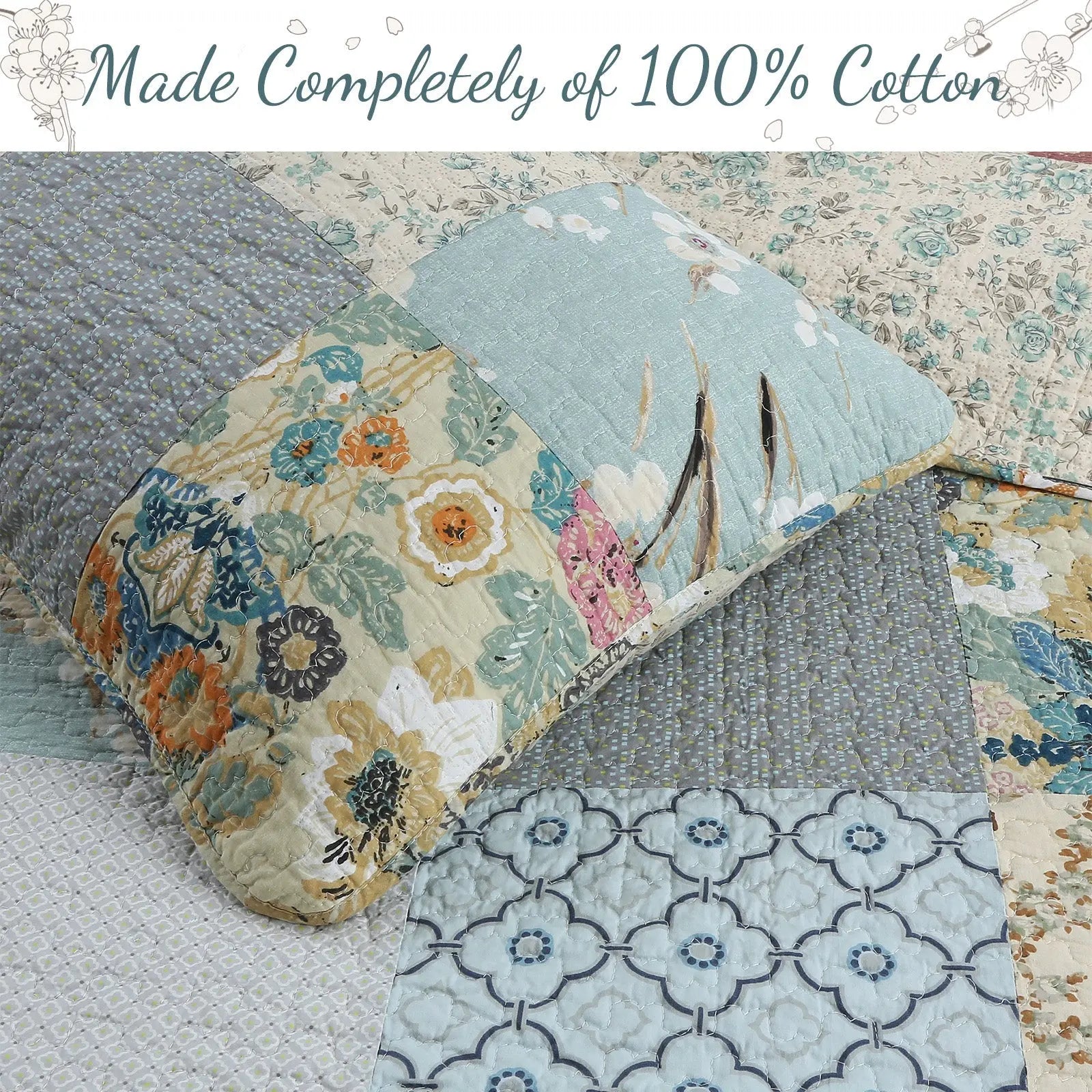Sky blue floral patchwork reversible 100% cotton quilt bedding set with matching shams for farmhouse and cottage bedrooms.
