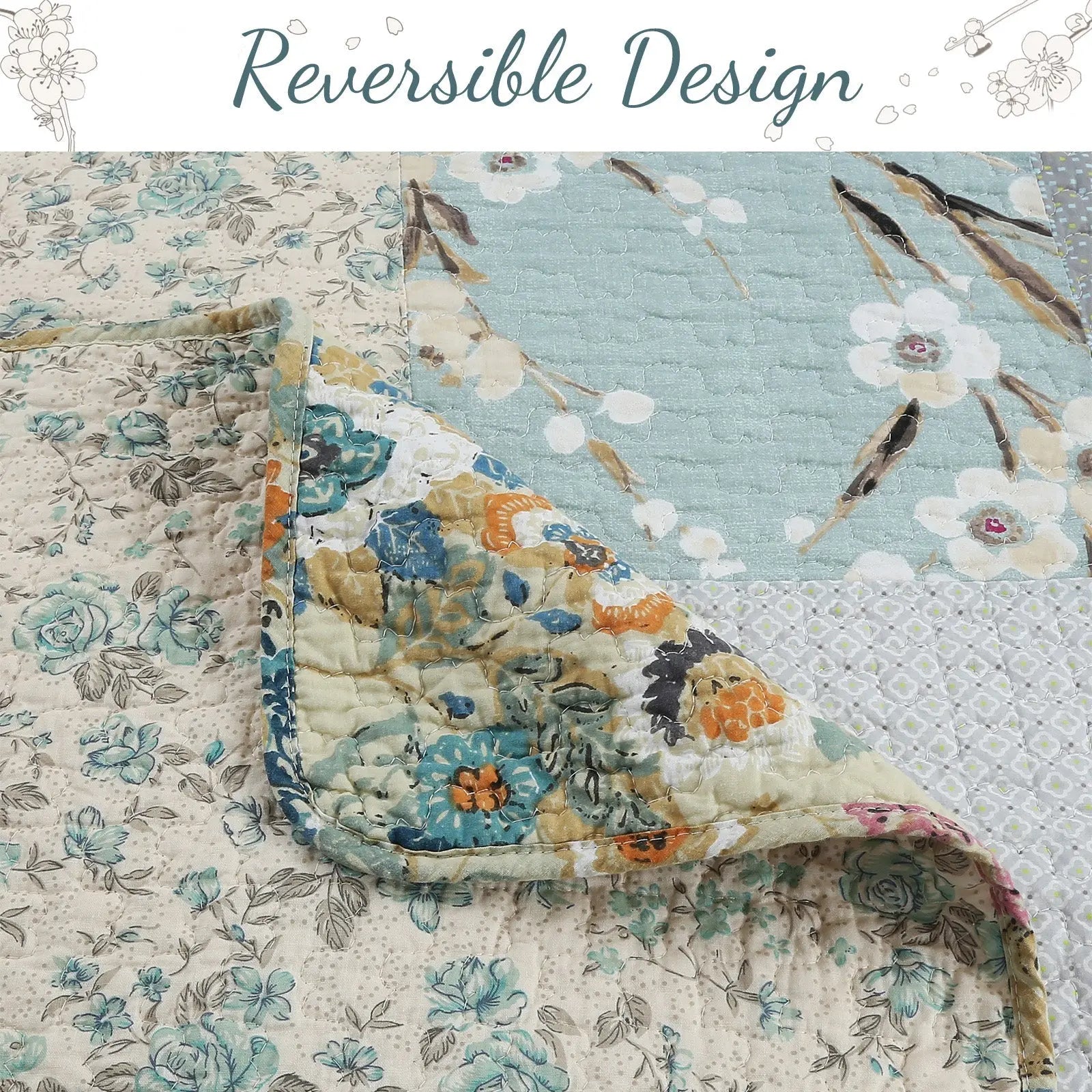 Reversible Design. Sky blue floral patchwork reversible 100% cotton quilt bedding set with matching shams for farmhouse and cottage bedrooms.