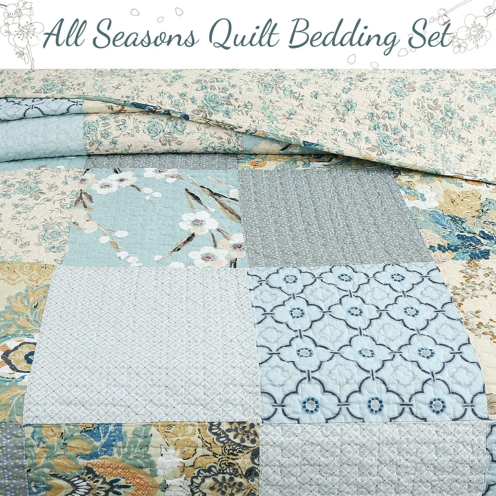 Sky blue floral patchwork reversible 100% cotton quilt bedding set with matching shams for farmhouse and cottage bedrooms.