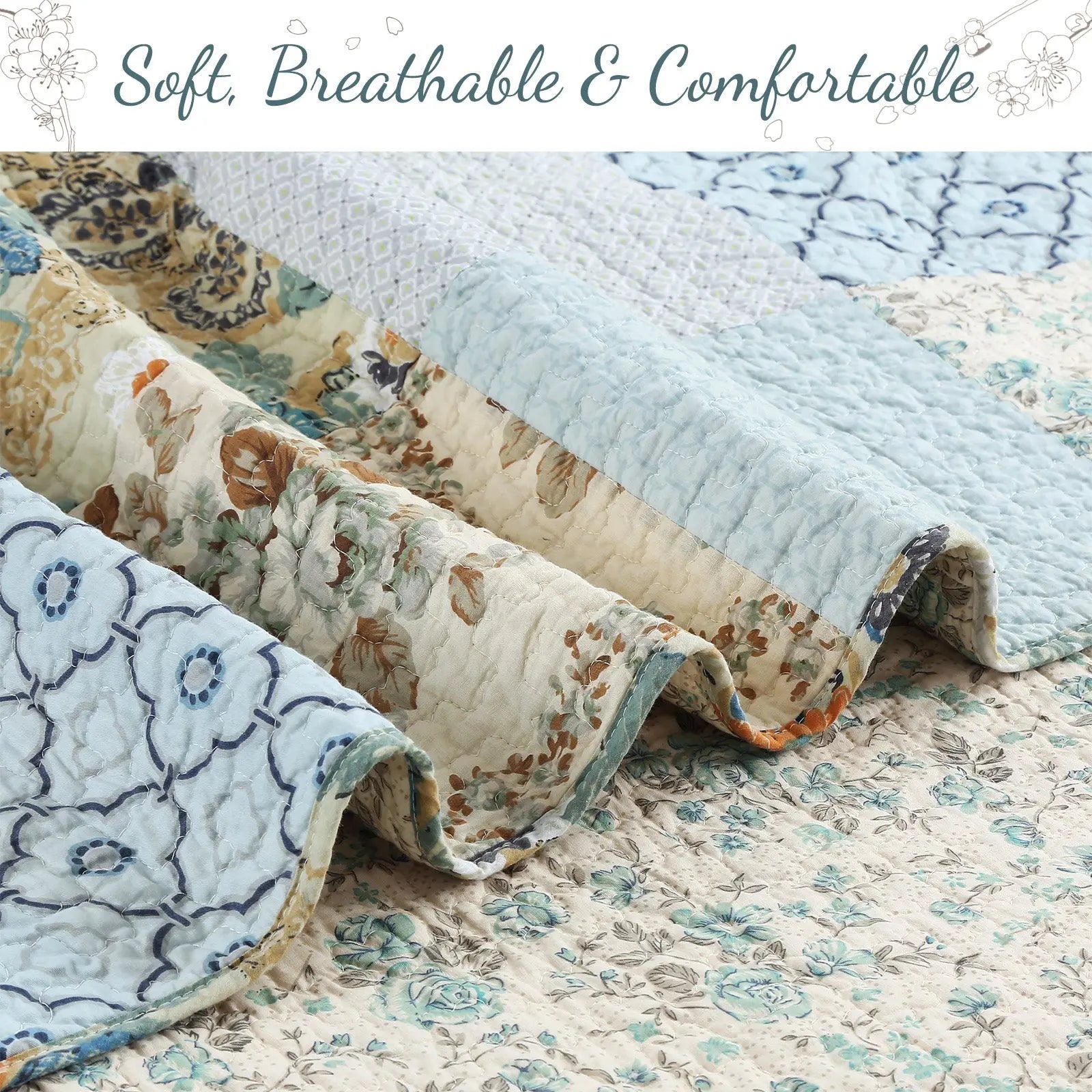 Sky blue floral patchwork reversible 100% cotton quilt bedding set with matching shams for farmhouse and cottage bedrooms.