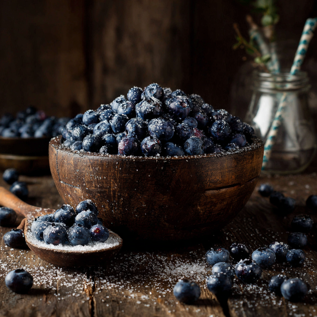 Wooden bowl filled with blueberries on a wooden surface
