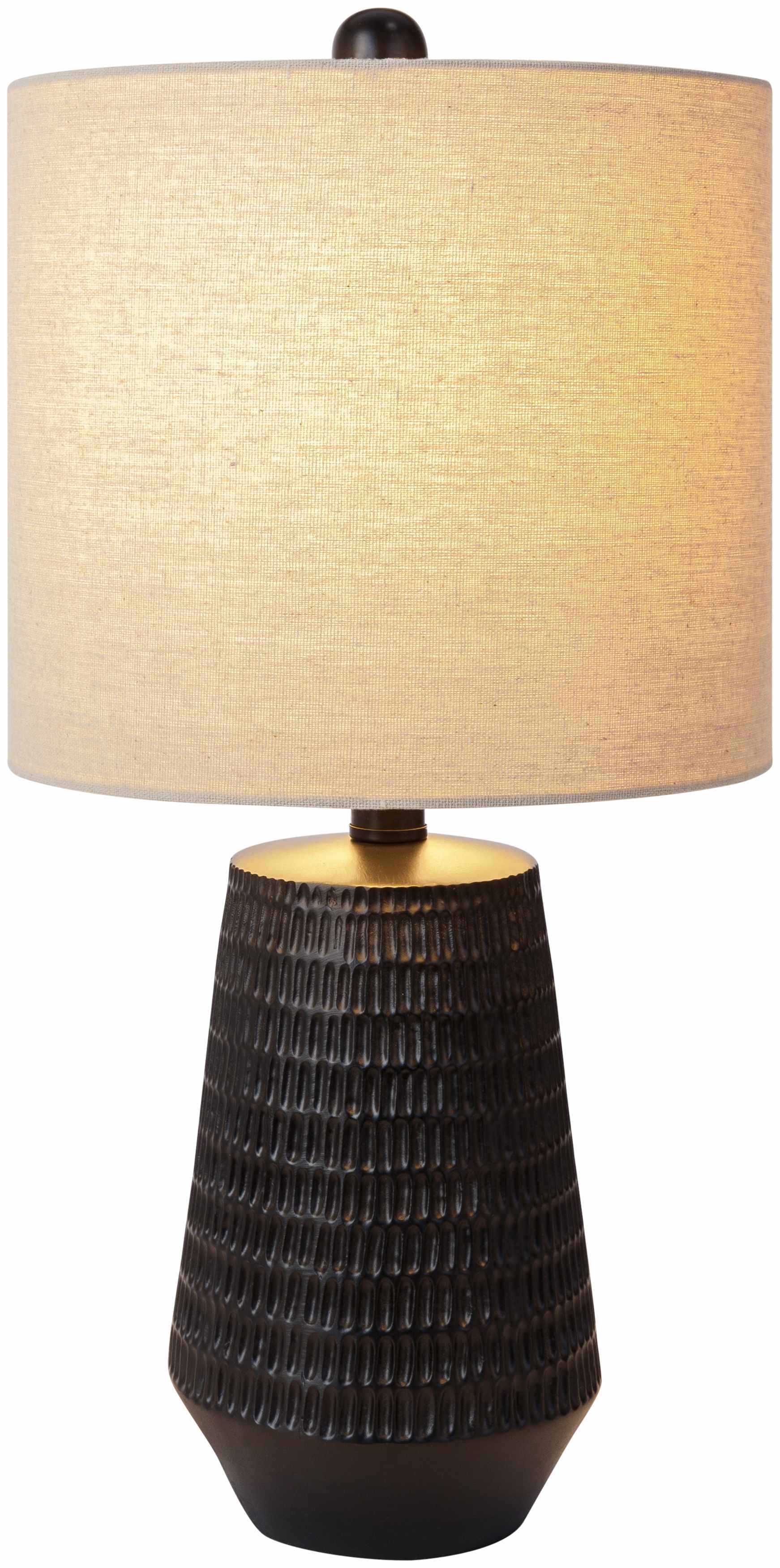 Berehomet black resin table lamp with white and beige linen shade for farmhouse and cottage home décor.