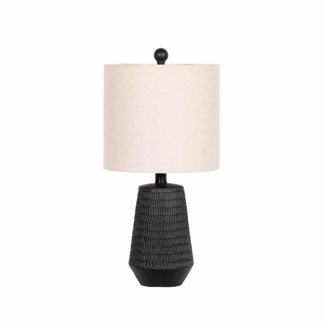 Berehomet black resin table lamp with white and beige linen shade for farmhouse and cottage home décor.