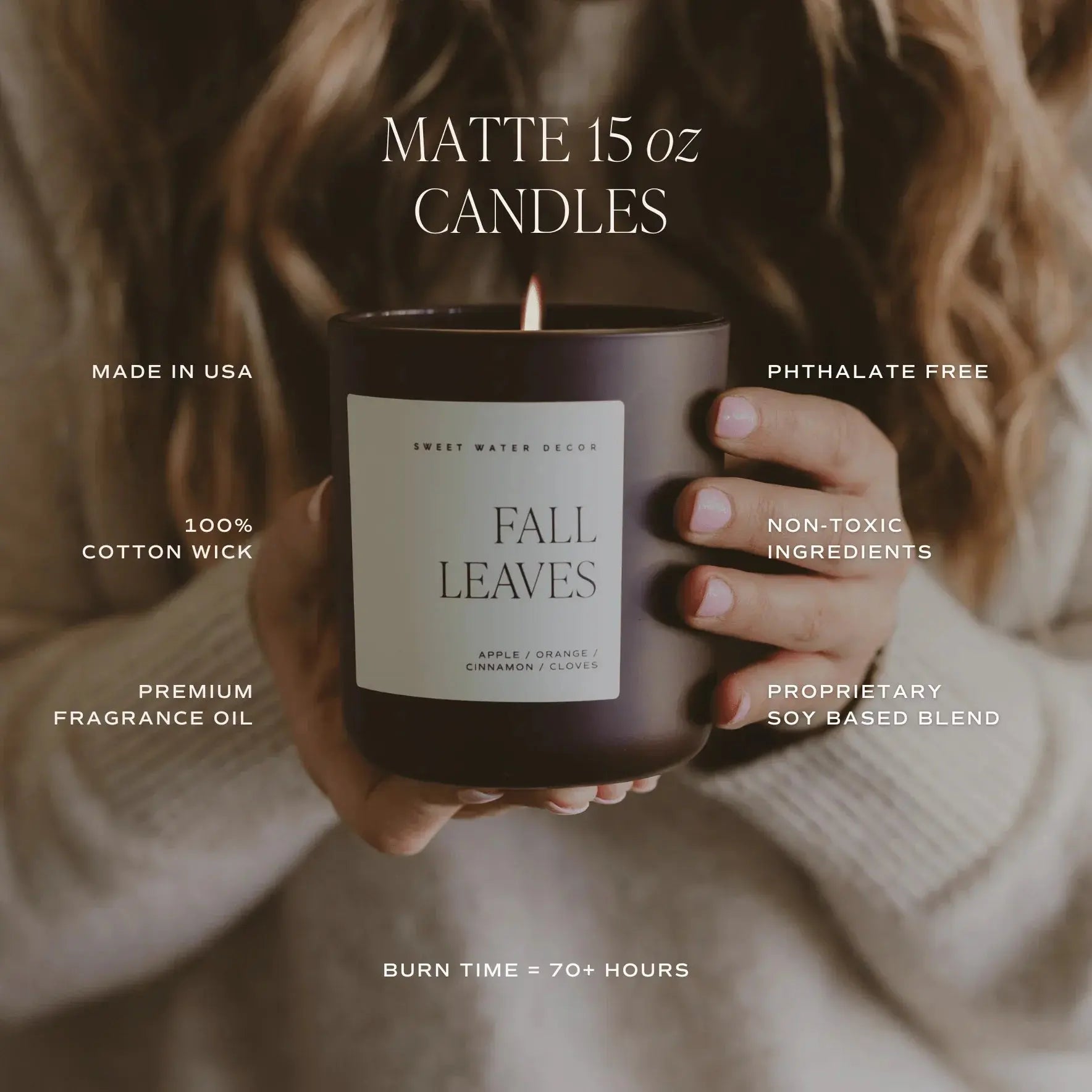 Matte 15 oz Fall Leaves candle with cotton wick, soy blend, phthalate-free, 70+ hour burn time