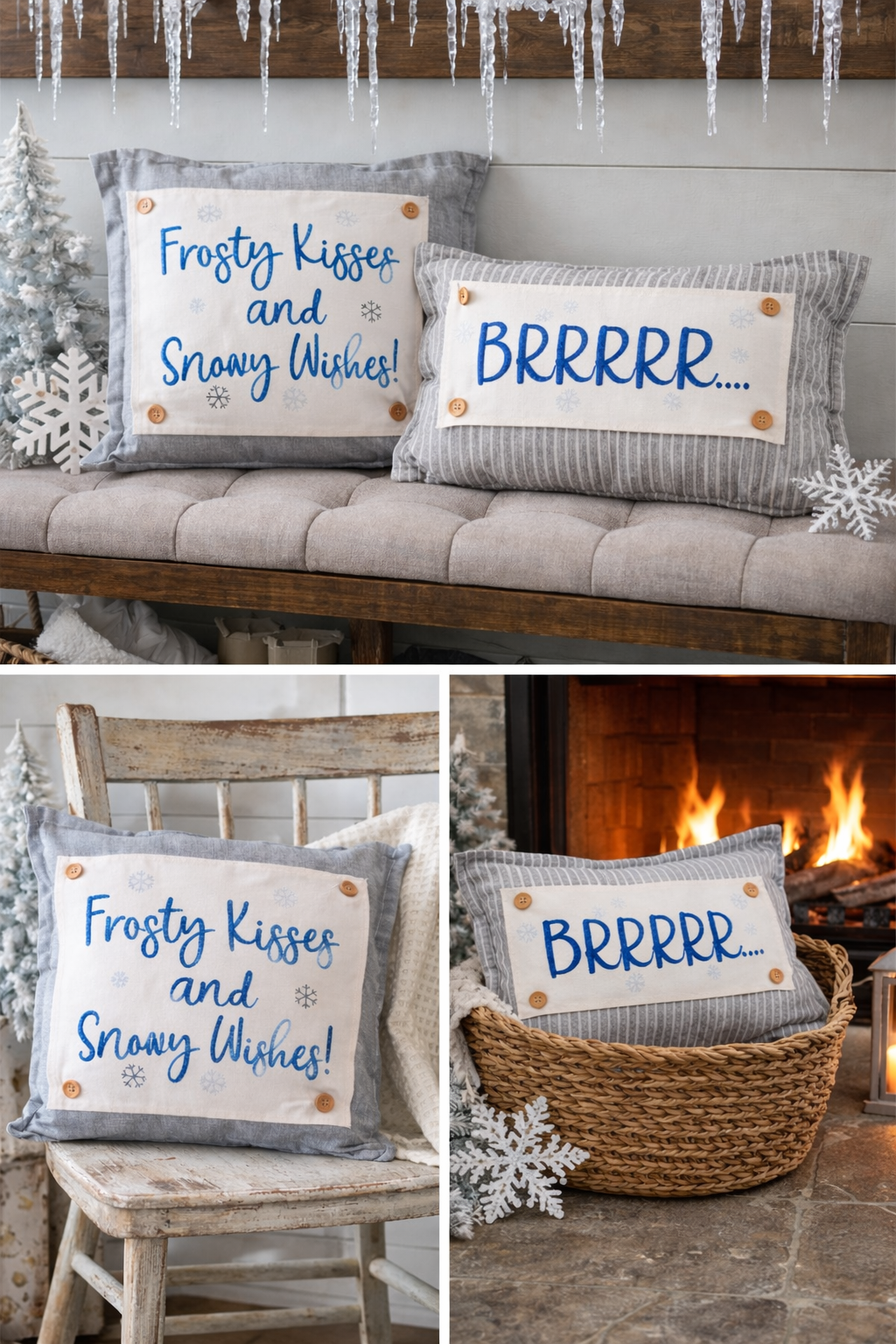 Three-panel collage showing two decorative throw pillows styled in holiday home settings. The pillows have a white front panel with blue script text reading 'Frosty Kisses and Snowy Wishes!' and 'BRRRR.