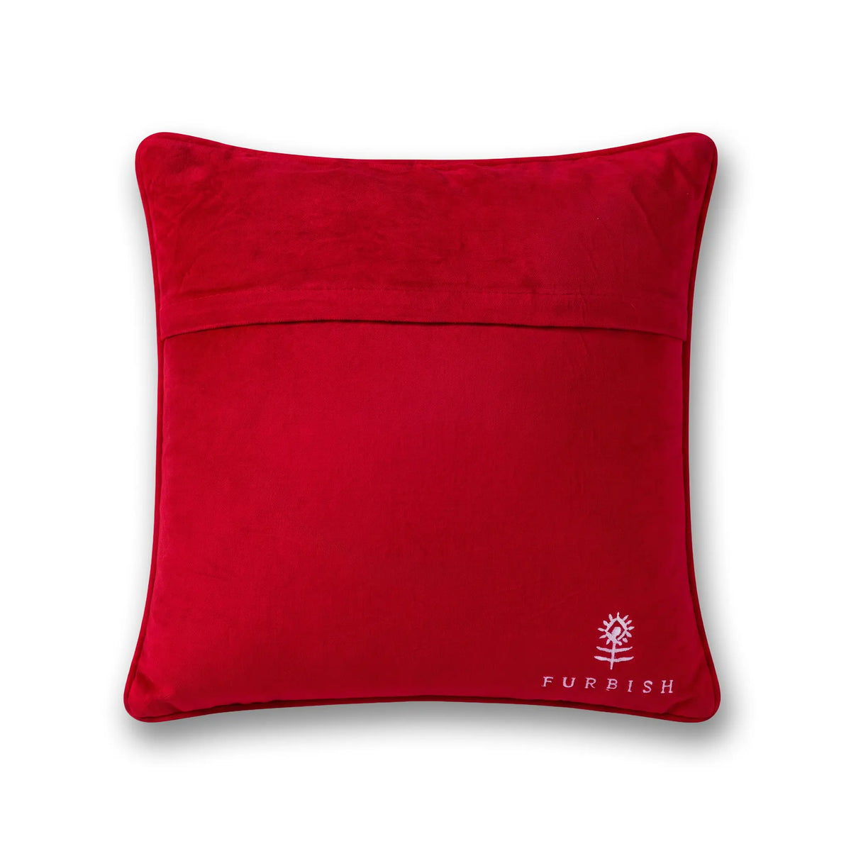 A square red velvet throw pillow with a white embroidered FUPFISH logo in the bottom right corner, shown against a plain white background.