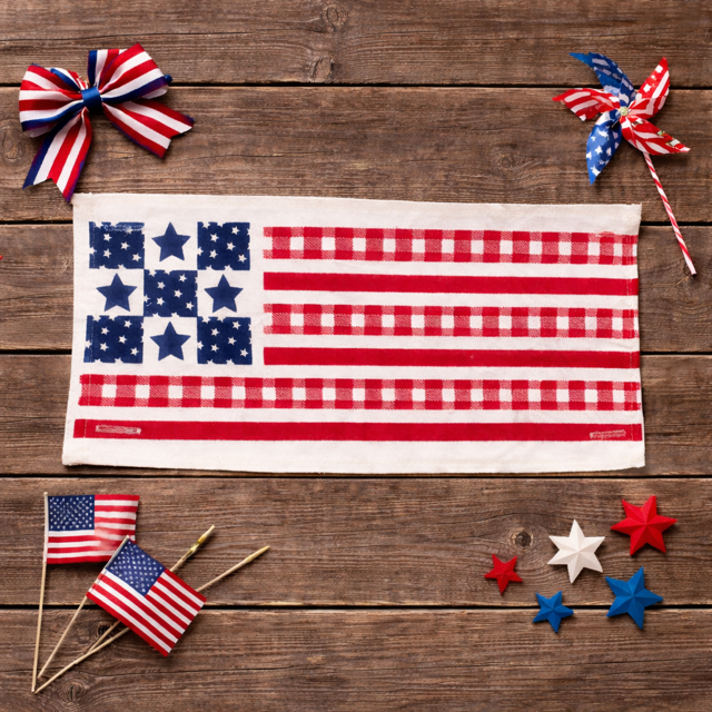American flag-themed towel on a wooden surface with decorative items.