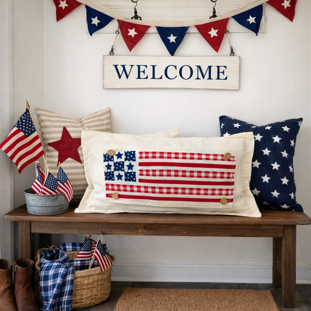 Decorative entryway with American flag-themed pillows, flags, and a 'WELCOME' sign.