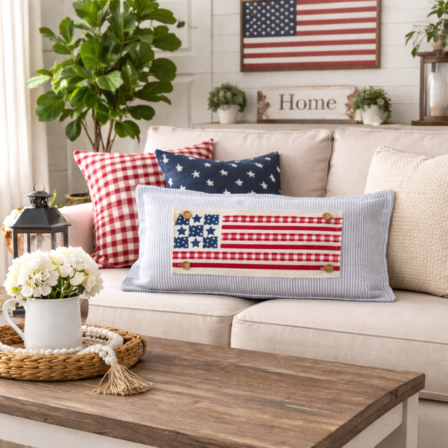 Living room with a beige sofa featuring American flag-themed pillows, a wooden coffee table with flowers, and an American flag on the wall.