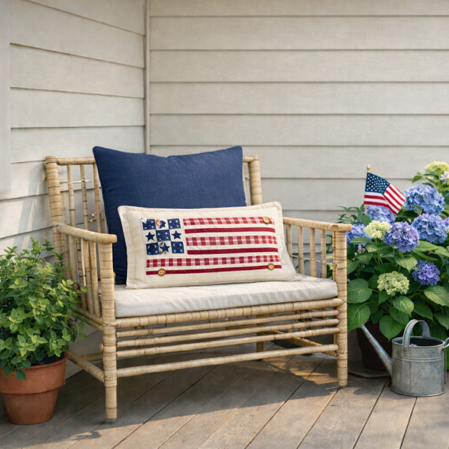 Rattan chair with decorative pillows and American flag theme on a patio with flowers and plants.