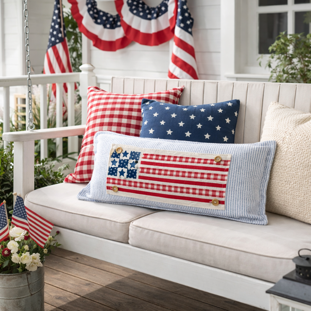 Decorative pillows with American flag patterns on a white porch swing, with American flags hanging in the background.