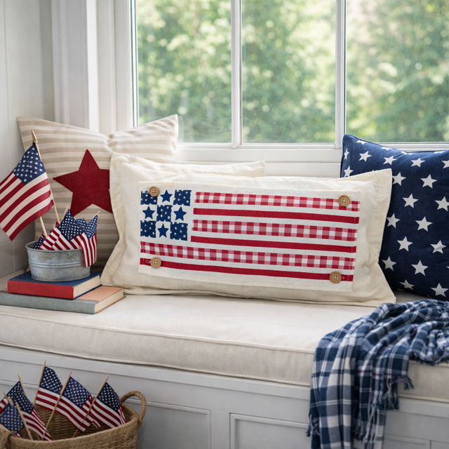 Decorative pillows and flags on a window seat with a view of greenery outside.