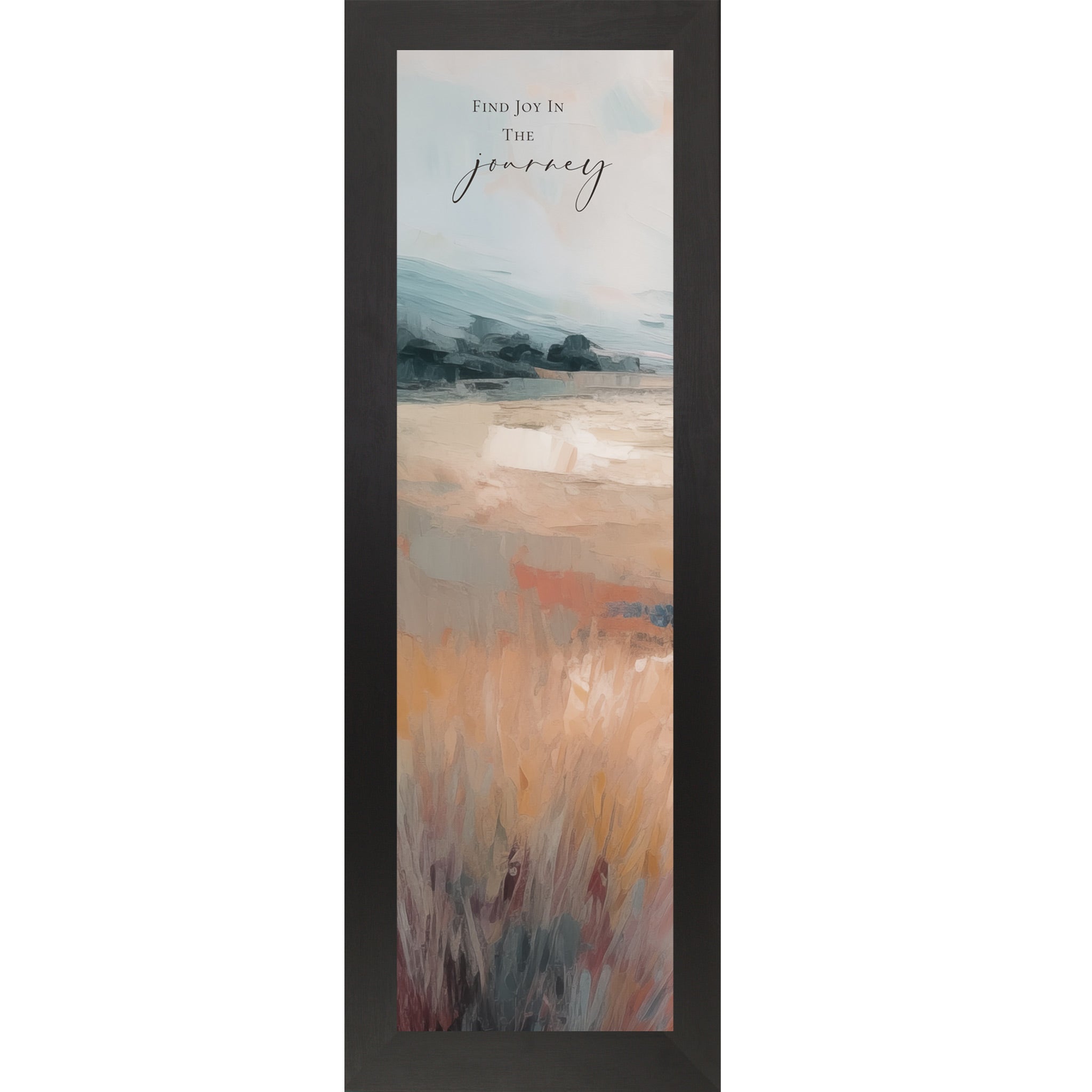 Framed artwork with a scenic landscape and motivational quote on a white background