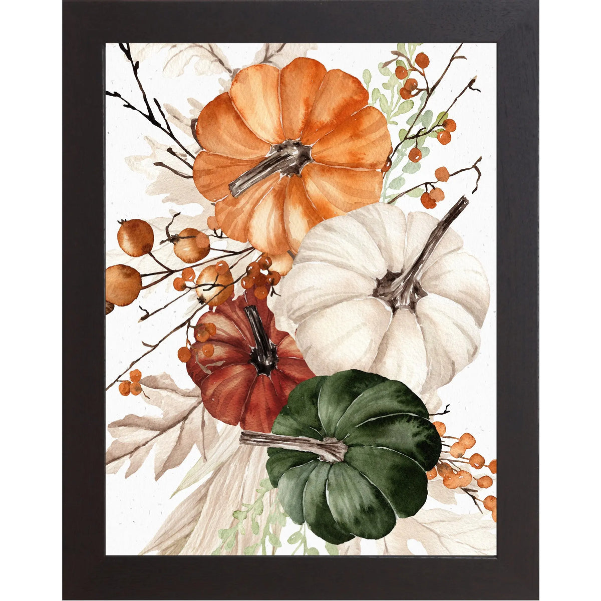 Framed artwork of pumpkins and berries on a white background