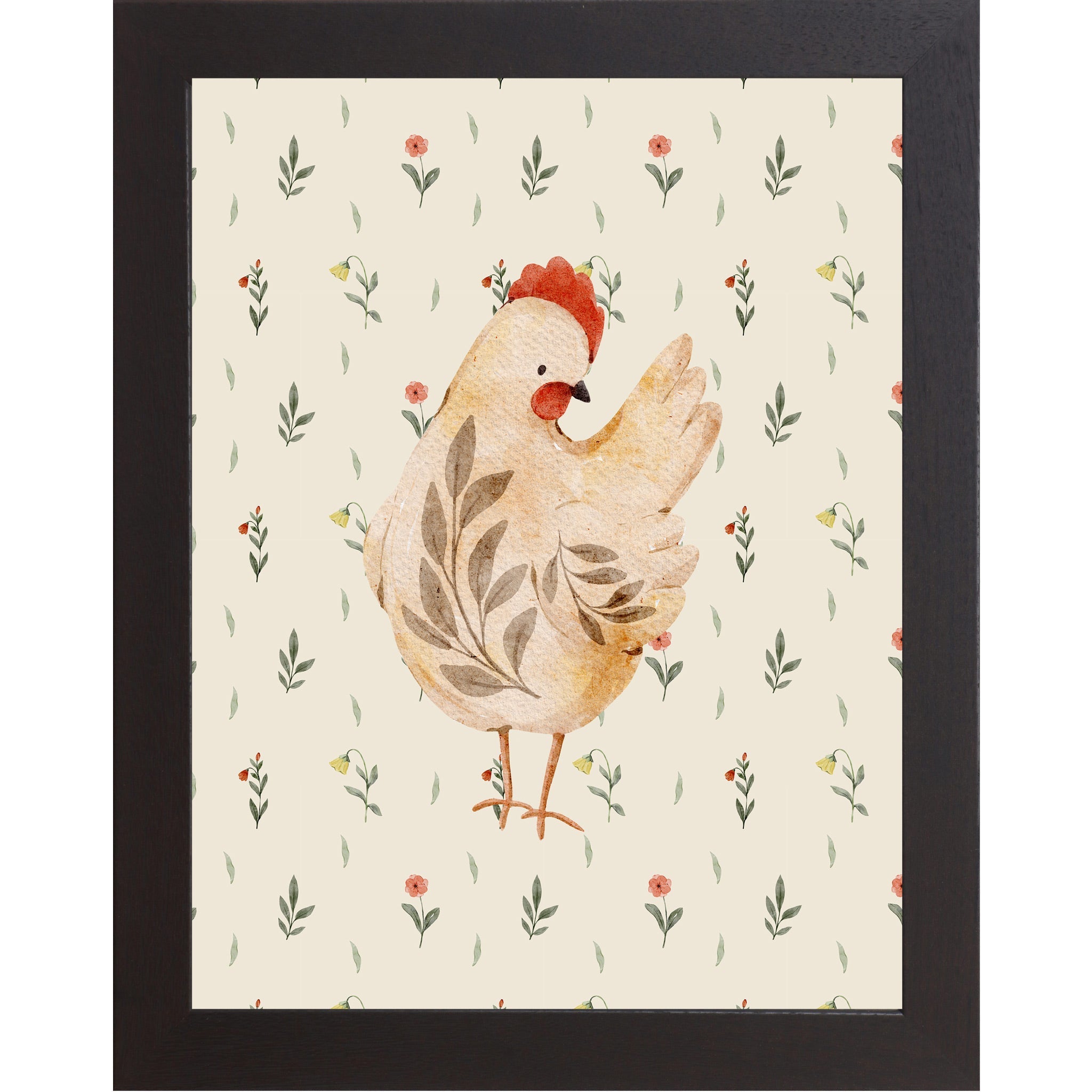 Framed artwork of a chicken with floral patterns on a beige background