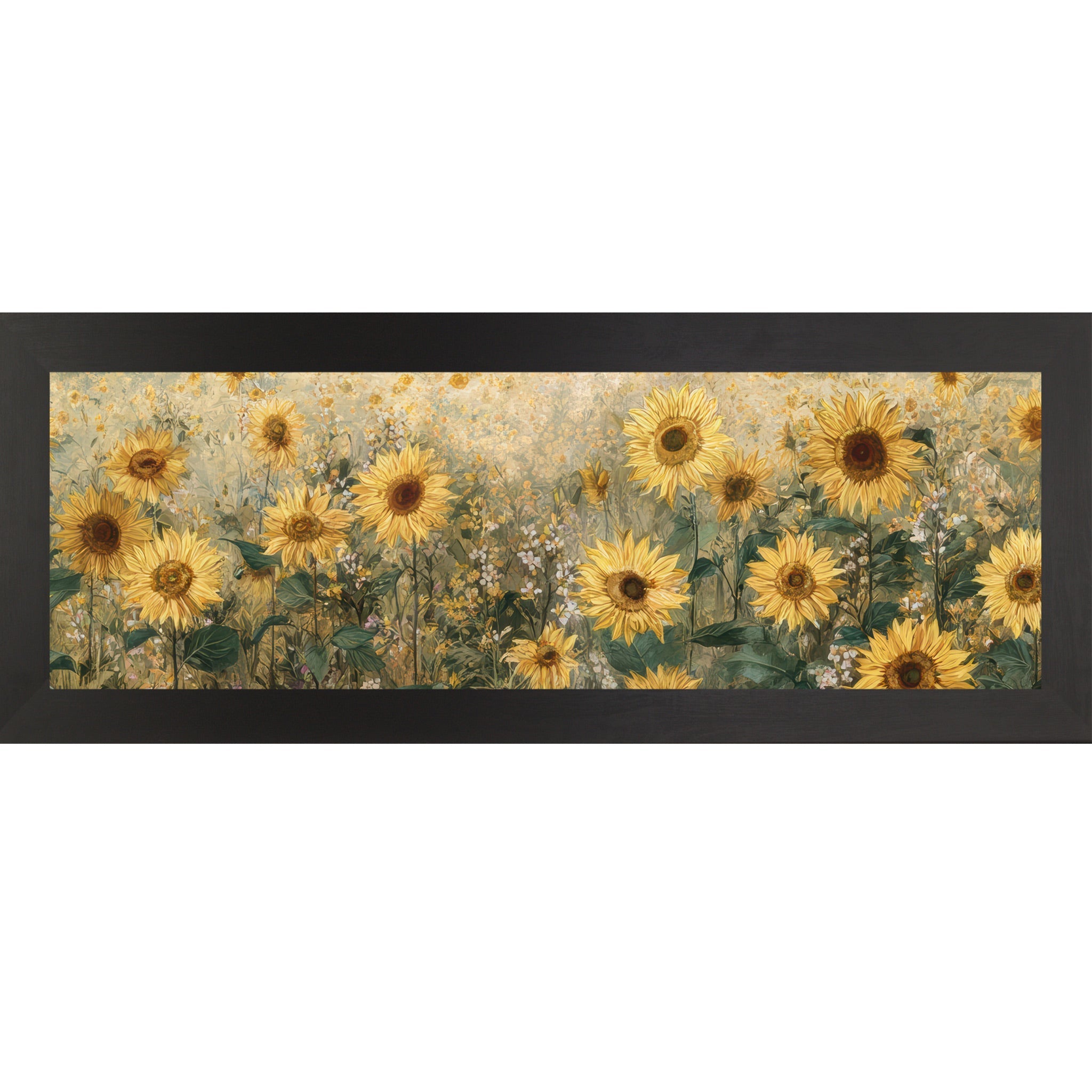 Framed artwork of sunflowers and wildflowers on a white background