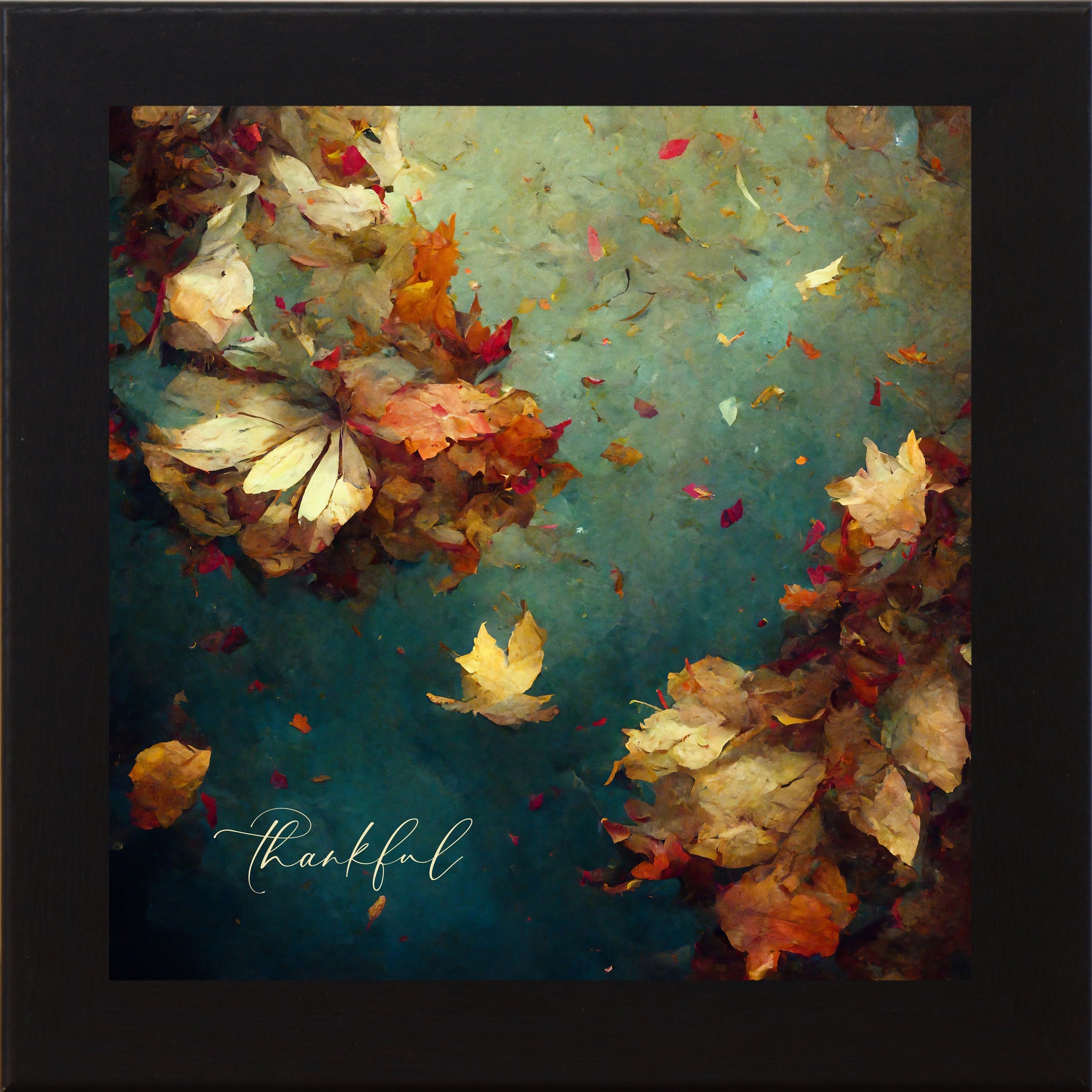 Artistic depiction of autumn leaves with the word 'thankful' on a dark background