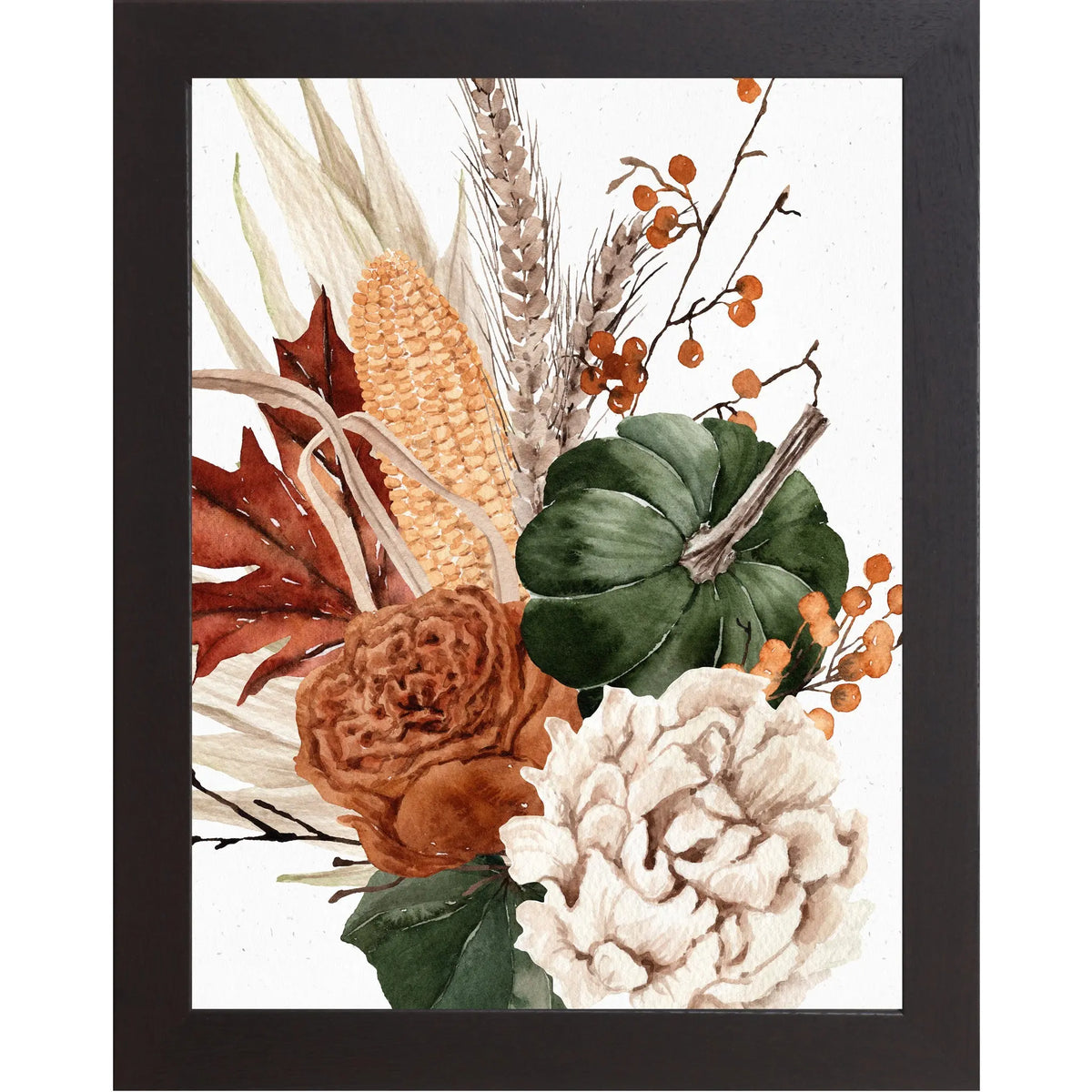 Framed artwork with autumnal elements including corn, leaves, and berries on a white background.
