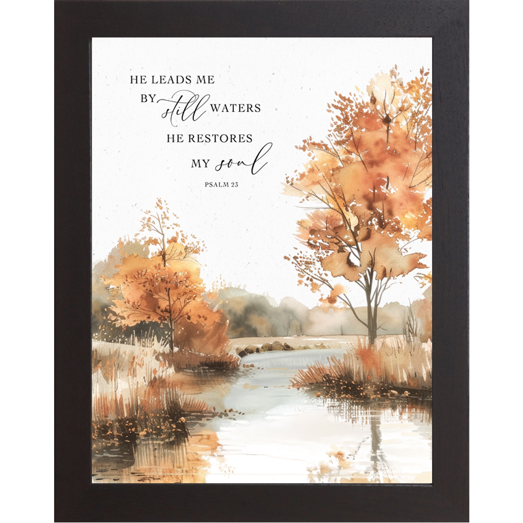 Framed print with autumn landscape and Bible verse on a white background