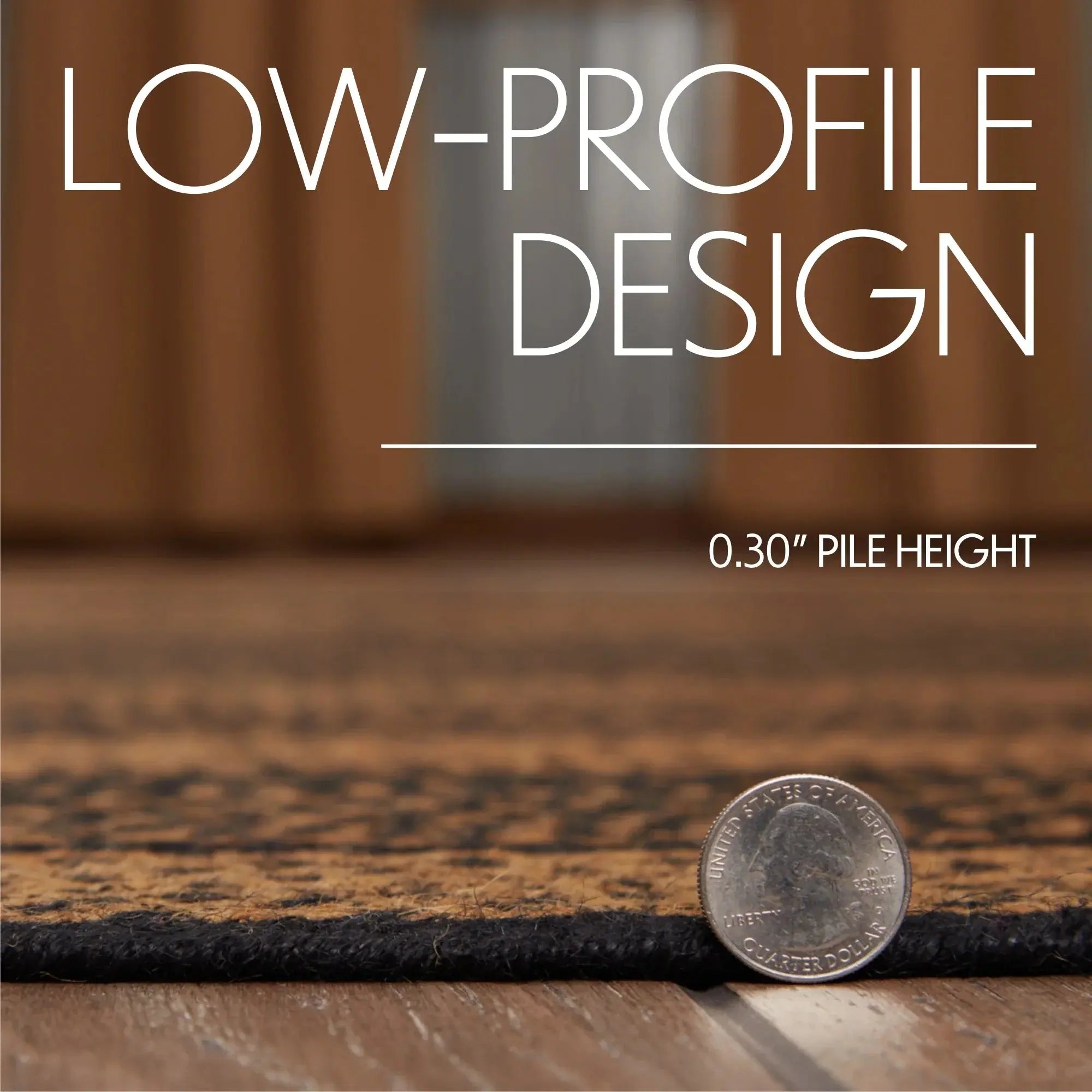 Close-up of a rug with a coin for scale, featuring text about low-profile design.