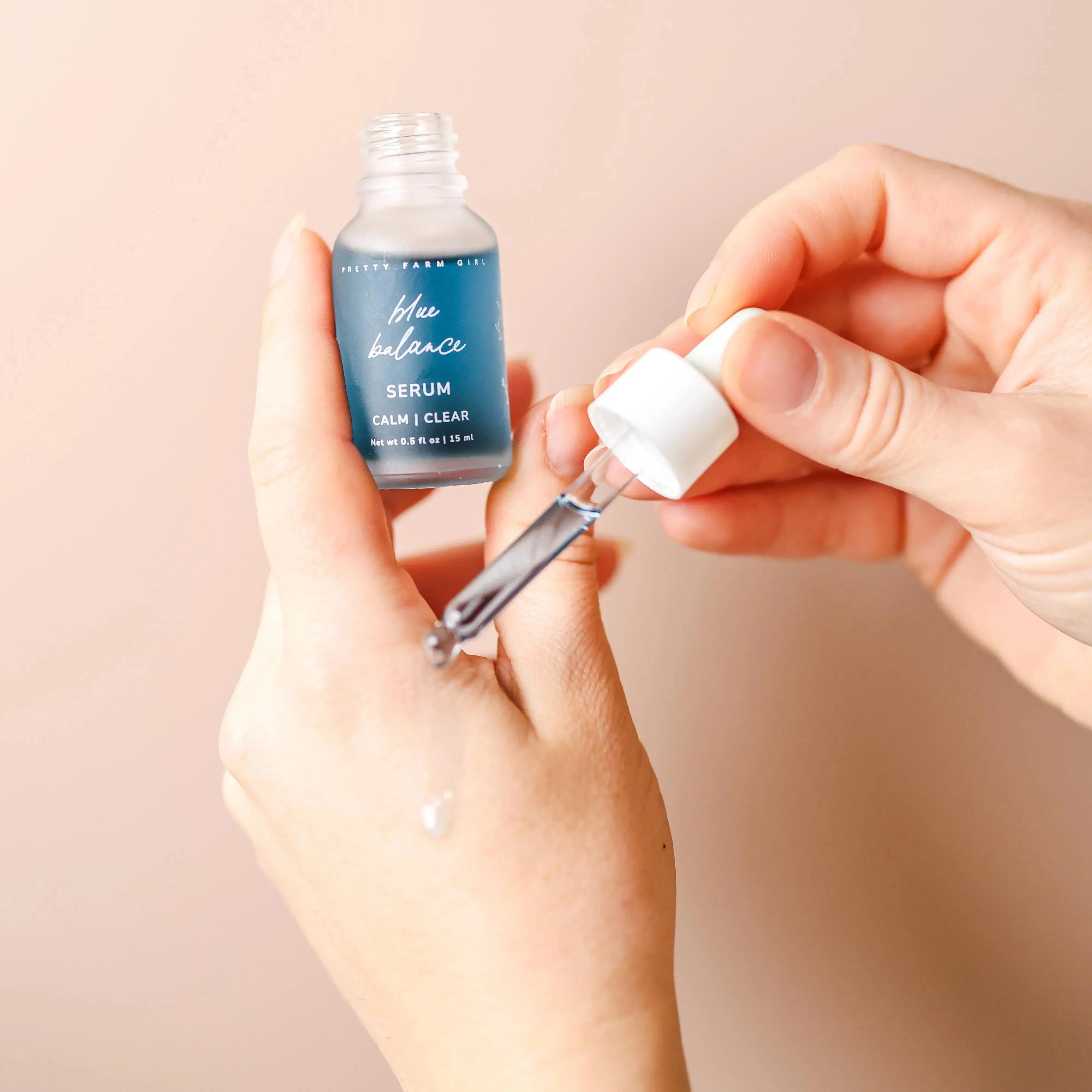 Blue Balance Serum by Pretty Farm Girl, calm clear skincare with dropper application for face or hand use