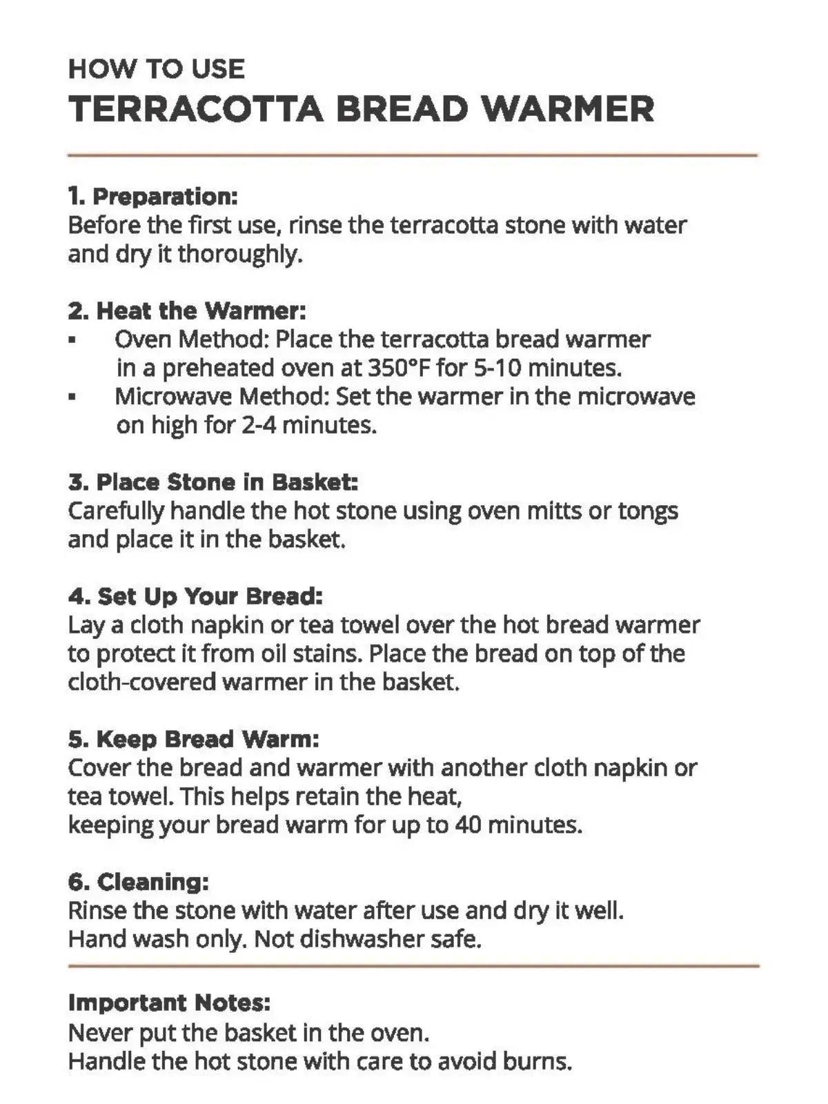 Instructions for using a terracotta bread warmer with oven and microwave methods