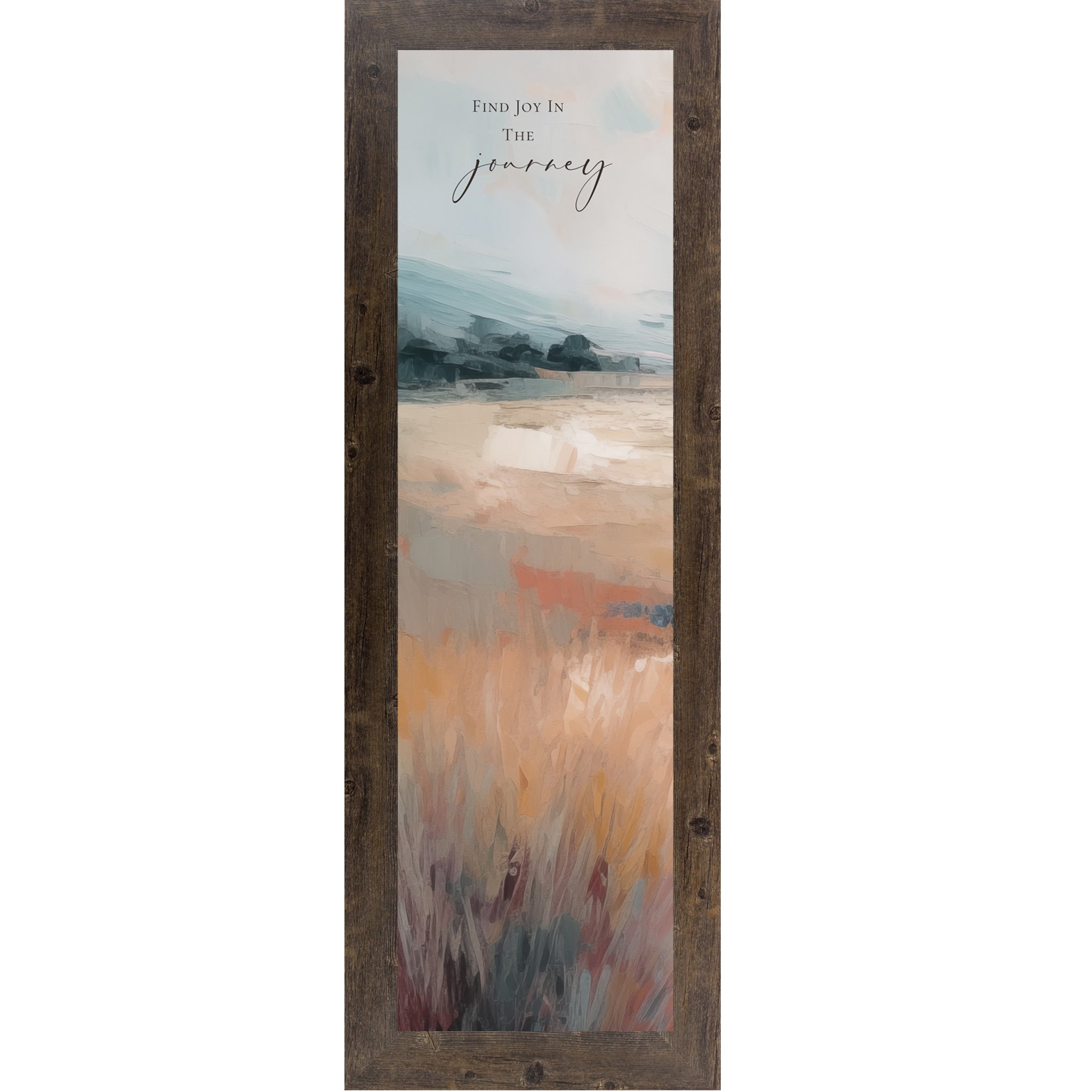 Framed artwork with a landscape scene and motivational quote on a white background