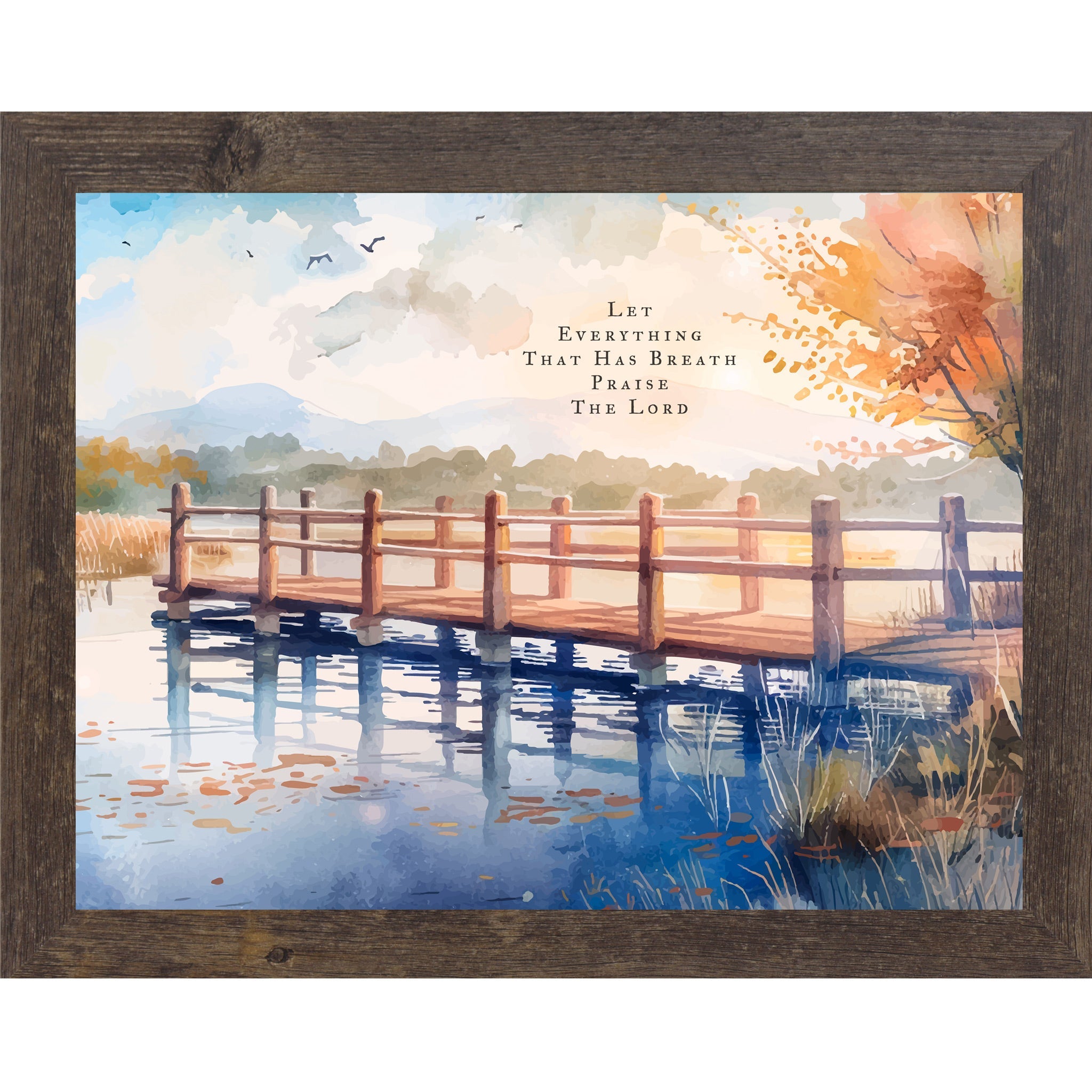 Framed artwork of a wooden bridge over water with a scenic landscape and text.